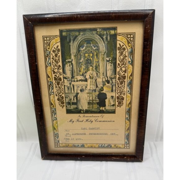 VINTAGE 1951 Catholic 1st Holy Communion Picture Certificate In Frame - Picture 2 of 7
